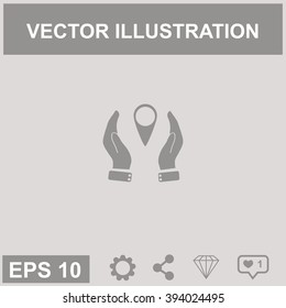 Hand holding a pin location vector icon.