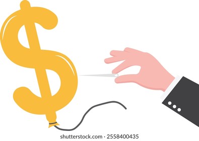 Hand holding pin piercing a balloon in the shape of a dollar. Inflation and financial crisis concept. Vector illustration.
