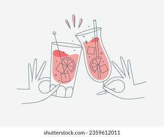 Hand holding pina colada and cuba libre cocktails clinking glasses drawing in flat line style