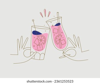 Hand holding pina colada and cuba libre cocktails clinking glasses drawing in flat line style on beige background