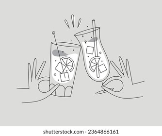 Hand holding pina colada and cuba libre cocktails clinking glasses drawing in flat line style on grey background