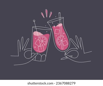 Hand holding pina colada and cuba libre cocktails clinking glasses drawing in flat line style on dark blue background