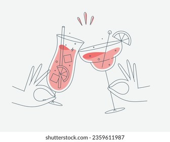 Hand holding pina colada and margarita cocktails clinking glasses drawing in flat line style