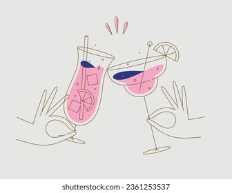 Hand holding pina colada and margarita cocktails clinking glasses drawing in flat line style on beige background