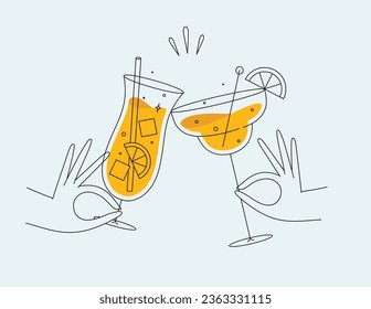 Hand holding pina colada and margarita cocktails clinking glasses drawing in flat line style on light background