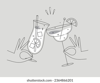 Hand holding pina colada and margarita cocktails clinking glasses drawing in flat line style on grey background