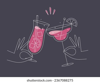 Hand holding pina colada and margarita cocktails clinking glasses drawing in flat line style on dark blue background