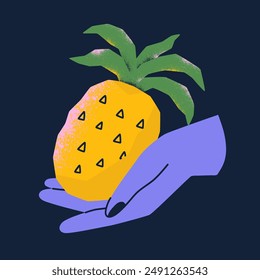Hand holding pineapple. Hand drawn vector illustration for poster, card, print. Elements isolated on background.