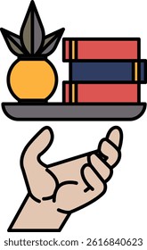 A hand holding a pineapple and a stack of books. The hand is reaching out to the pineapple and books, suggesting that the person is trying to reach for them