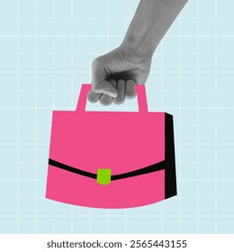 Hand holding pink bag pop art vector illustration. Worker and business man briefcase.