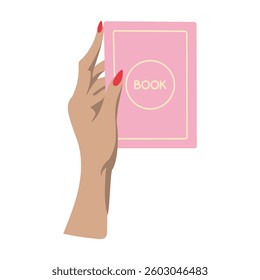 A hand holding a pink book. The book is pink and has a red border