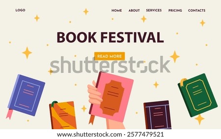 Hand holding a pink book surrounded by colorful books with stars on a light background. Simple graphic style. Concept of books and education. Vector illustration