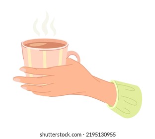 Hand Holding Pink Cup with Hot Coffee Drink Vector Illustration