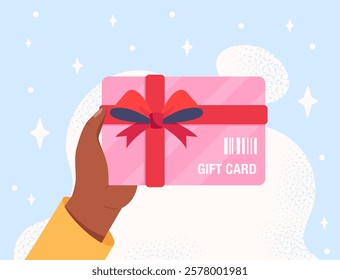 Hand holding a pink gift card tied with a red bow, set against a light blue background with stars and abstract patterns. Concept of gifting. Vector illustration