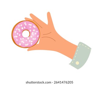 Hand holding pink glazed strawberry donut with sprinkles. Sweet dessert with marshmallow for breakfast or snack. Design elements for banner, poster, menu design, print Food themed vector illustration