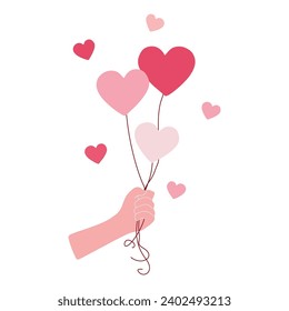 Hand holding Pink heart balloons isolated on white background. Flat Cartoon vector illustration. Valentine Day Holiday decoration, Greeting card template. Love and Romantic feelings concept.