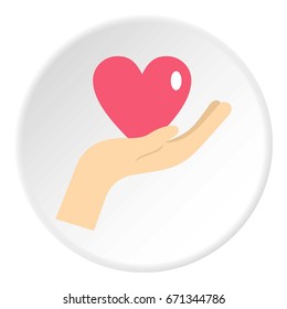 Hand holding a pink heart icon in flat circle isolated vector illustration for web