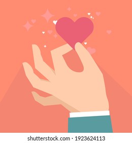 Hand holding a pink heart love message on pastel color background. Abstract vector image of hand pinching a heart cute and romantic concept