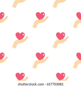 Hand holding a pink heart pattern seamless background in flat style repeat vector illustration