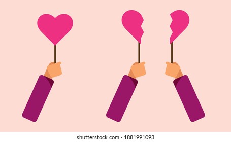 Mano sosteniendo corazones rosados. Diseño plano vectorial.