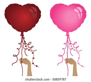 Hand holding a pink and a red heart shaped balloon, each individually grouped.