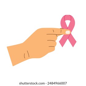 hand holding pink ribbon, breast cancer awareness symbol- vector illustration