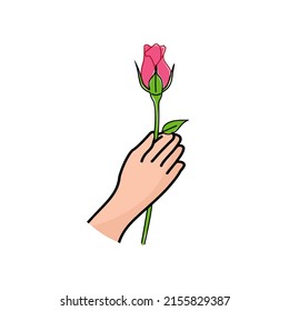 Hand holding pink rose vector illustration on white background. Happy Valentine’s Day. I love you.