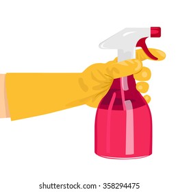 Hand, die eine rosafarbene Sprühflasche hält 
