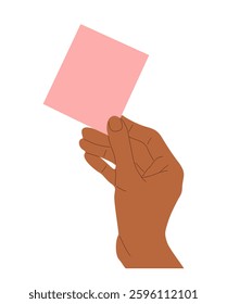 Hand holding pink sticky note, blank peace of paper. Flat vector illustration isolated on white background