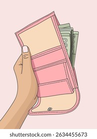 Hand holding pink wallet with money vector illustration