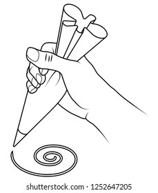 A hand holding a piping bag with a swirl of shaped icing mixture.
