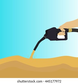 the hand is holding pistol from which is flowing the fuel at blue background