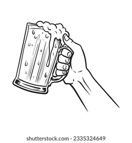  Hand holding a pitcher of beer, black and white drawing, white background