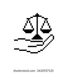 hand holding pixel Scale icon.  Vector pixel art Scale law  8 bit logo for game