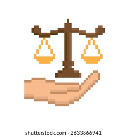 hand holding pixel Scale icon.  Vector pixel art Scale law  8 bit logo for game