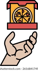 A hand holding a pizza box with a pizza inside. The pizza box is orange and red. The hand is holding the box with a smile on its face
