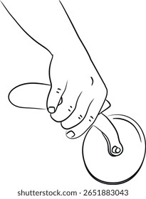 Hand holding pizza cutter or knife roller outline vector illustration.