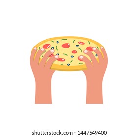 Hand Holding Pizza Flat Cartoon Icon. Enjoying pizza flat vector illustration. Hands holding traditional Italian cuisine dish with tomato, olives. Pizzeria, cafe menu, poster design element. 