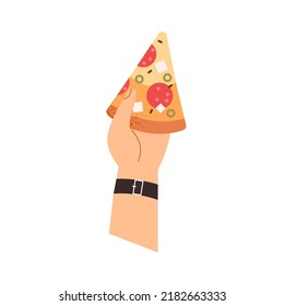 Hand holding pizza piece. Arm with cut triangle slice of Italian fast food with cheese, salami, feta, olives. Top view of fastfood, eating. Flat vector illustration isolated on white background