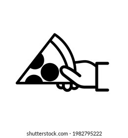 Hand holding pizza slice black icon. Piece Of Pizza In a Hand. Template for pizzeria restaurant. Isolated symbol sign for: illustration, logo, mobile, app, design, web, dev, ui, ux, gui. Vector EPS 10
