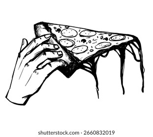 Mano que sostiene una rebanada de pizza en estilo de boceto blanco y negro. Ideal para marcas de alimentos, ilustraciones de restaurantes, diseños de menús o obras de arte culinarias vintage.