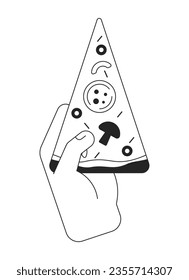 Hand holding pizza slice bw concept vector spot illustration. Fast food 2D cartoon flat line monochromatic hand for web UI design.editable isolated outline hero image