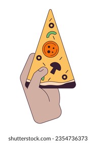 Hand holding pizza slice flat line concept vector spot illustration. Fast food 2D cartoon outline hand on white for web UI design. editable isolated color hero image