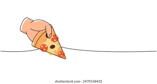 Hand holding a pizza slice one line colored continuous drawing. Traditional italian fast food continuous one line illustration.