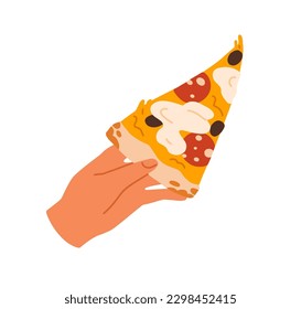 Hand holding pizza slice. Taking Italian fast food, cut triangle piece. Tasty eating, snack with melting cheese, pepperoni sausage and olives. Flat vector illustration isolated on white background