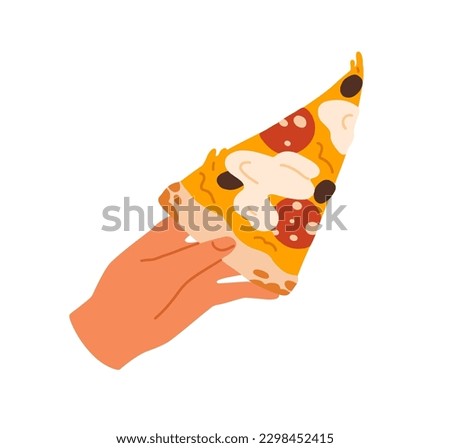 Hand holding pizza slice. Taking Italian fast food, cut triangle piece. Tasty eating, snack with melting cheese, pepperoni sausage and olives. Flat vector illustration isolated on white background