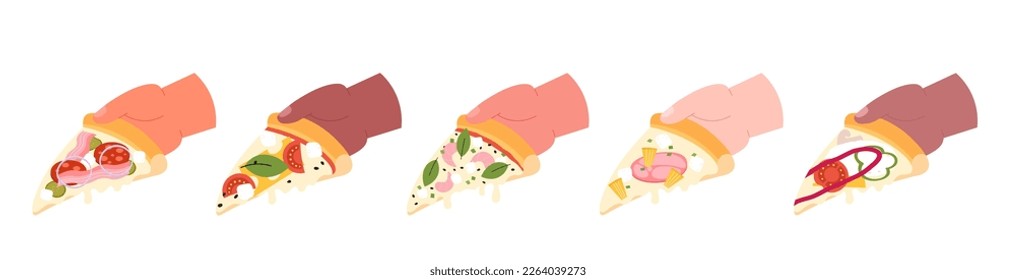 Hand holding pizza slices with various toppings. Diverse people eating pizza margherita, with fresh seafood and tomato sauce. Italian fast food vector set