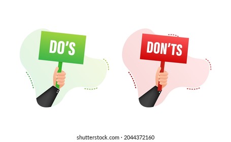 Hand holding placard Do s and Don ts. Vector stock illustration.