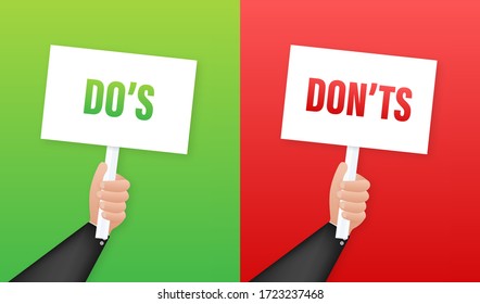 Hand holding placard Do's and Don'ts. Vector stock illustration.