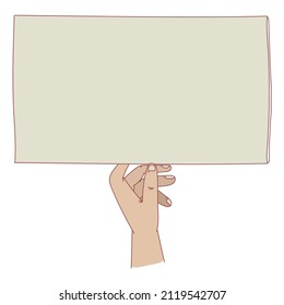 Hand holding placard with empty space for text, man hand swinging board with handle vector illustration design 